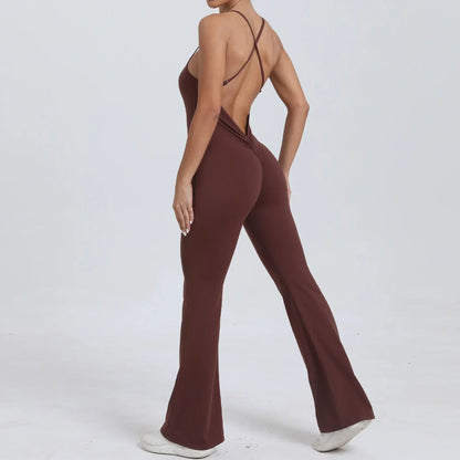 Cralom Cross Strap Yoga Jumpsuit - Flared Leg Fitness Suit