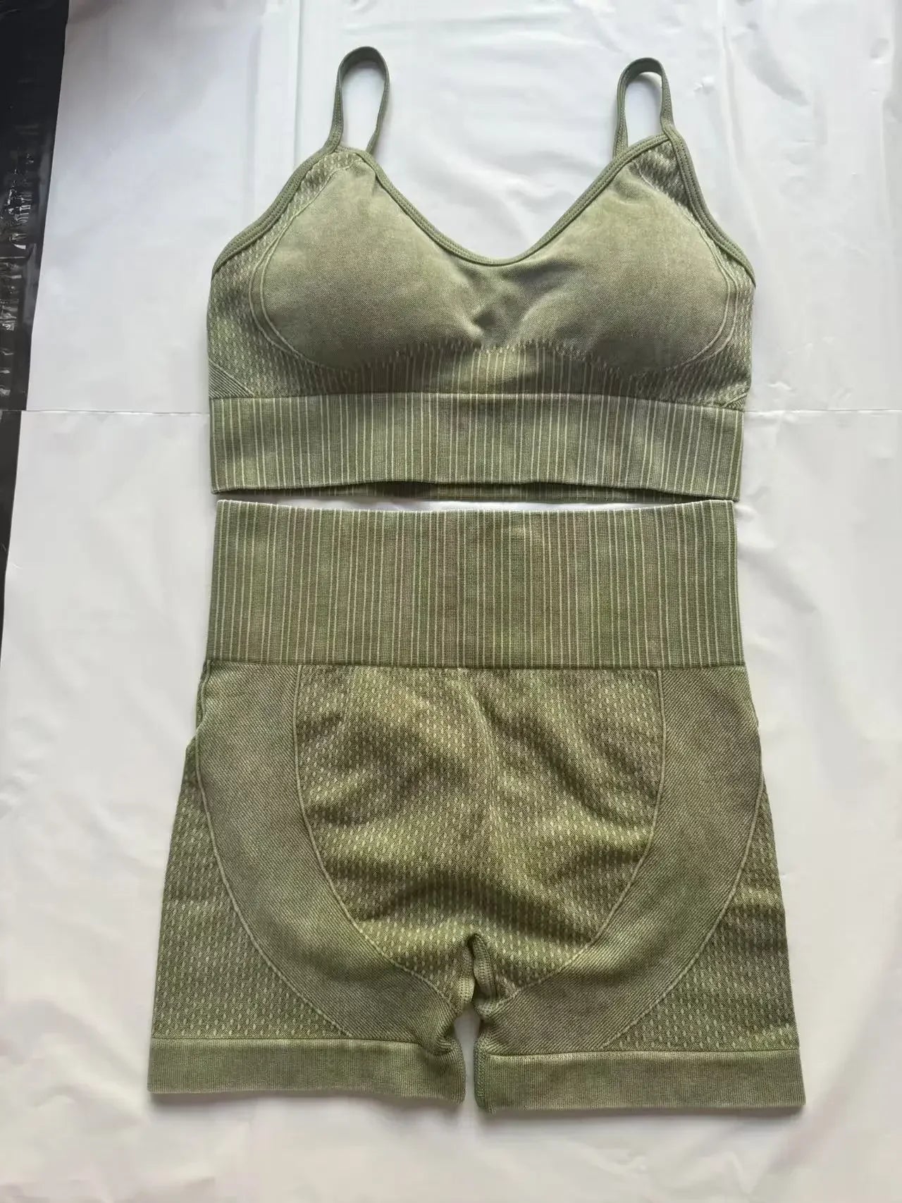 Cralom Sand Washed Seamless Yoga Set: Sports Bra & High Waist Gym Shorts