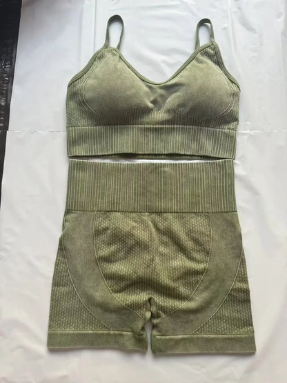 Cralom Sand Washed Seamless Yoga Set: Sports Bra & High Waist Gym Shorts