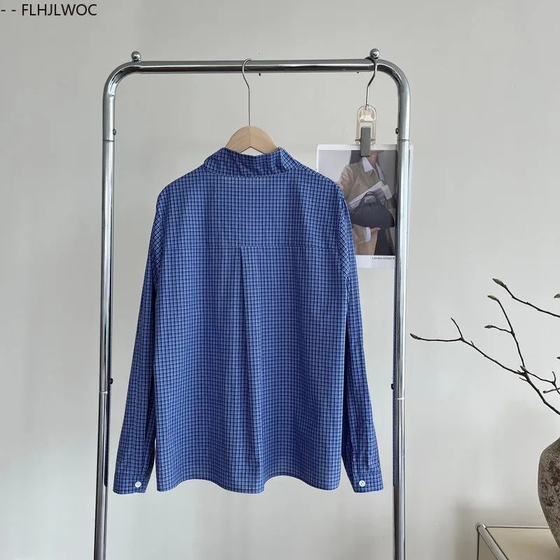 Cralom Preppy Style Blue Plaid Bow Tie Top Long Sleeve Loose Fit Blouse
