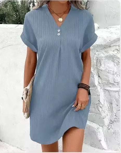 Cralom V-neck Button Top Short Sleeve Dress Solid Color Comfort 2024 Summer
