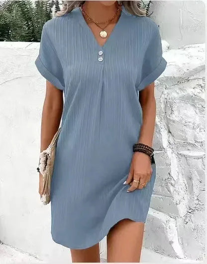 Cralom V-neck Button Top Short Sleeve Dress Solid Color Comfort 2024 Summer