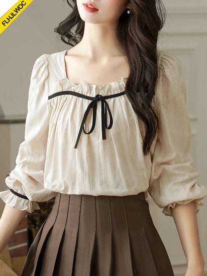 Cralom Square Neck Ruffles Doll Shirt with Bow Tie for Women
