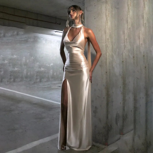 Cralom Satin Ribbon Deep V-neck Sexy Dress