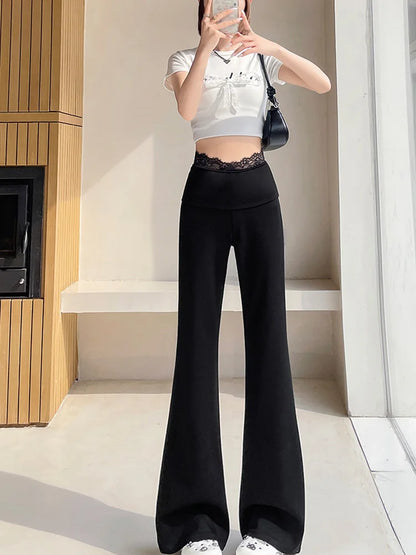 Cralom Lace Trim High Waist Capris, 2025 New Vintage Streetwear Bootcut Pants