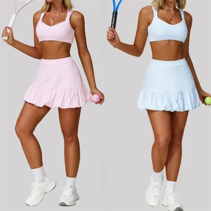 Cralom Seamless Yoga Set: Sports Bra, Anti-Slip Shorts, Tennis Skirt