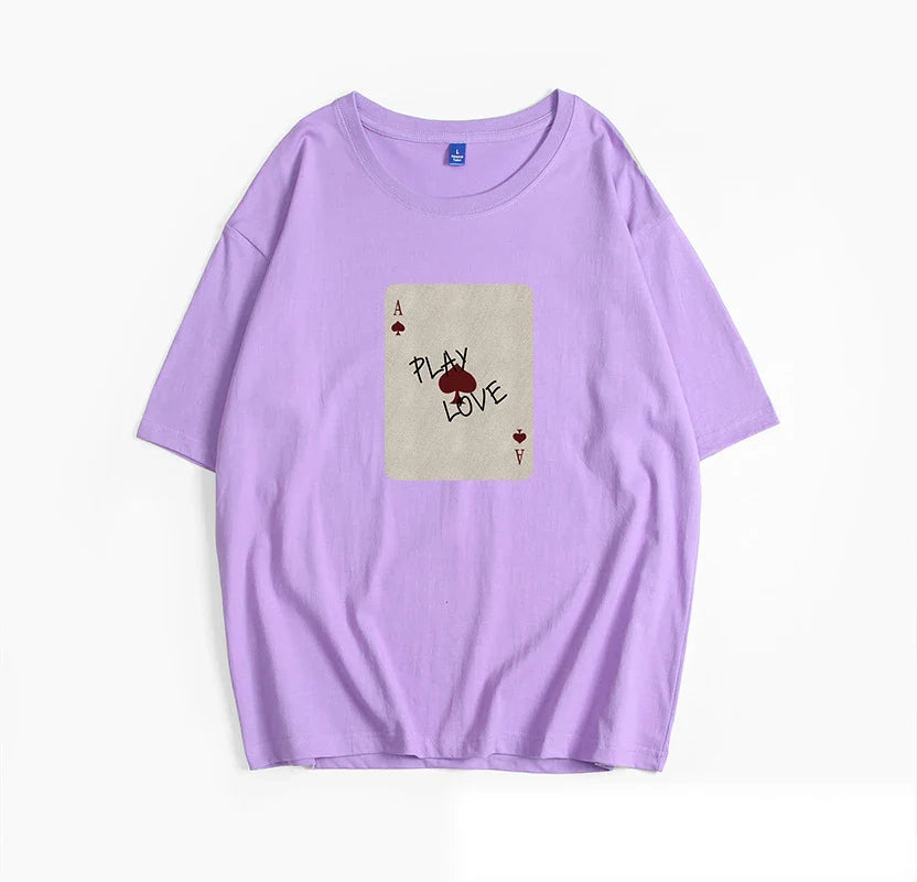 Cralom Poker Card Print T-Shirt Women's O-Neck Summer Top