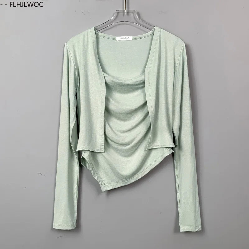 Cralom Y2K Bodycon Two-Piece Set Tops, Sexy Slim Fit Blouses, New Style Korean Tees