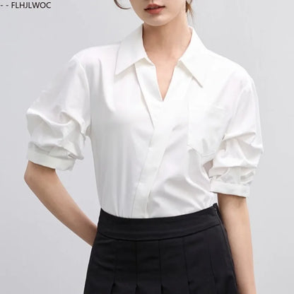 Cralom Women's V-Neck White Shirt - Summer Work Blouse with French Design