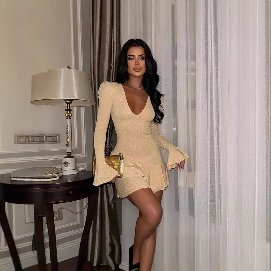 Cralom Deep V-neck Tight Sleeve Dress: Stylish Hip Hugging Mini Skirt