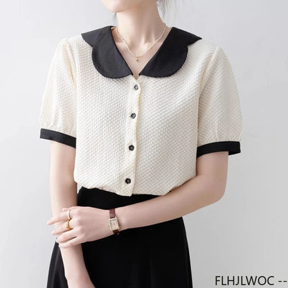 Cralom Retro Chic Peter Pan Collar Button Shirt Blouse for Women Summer 2025