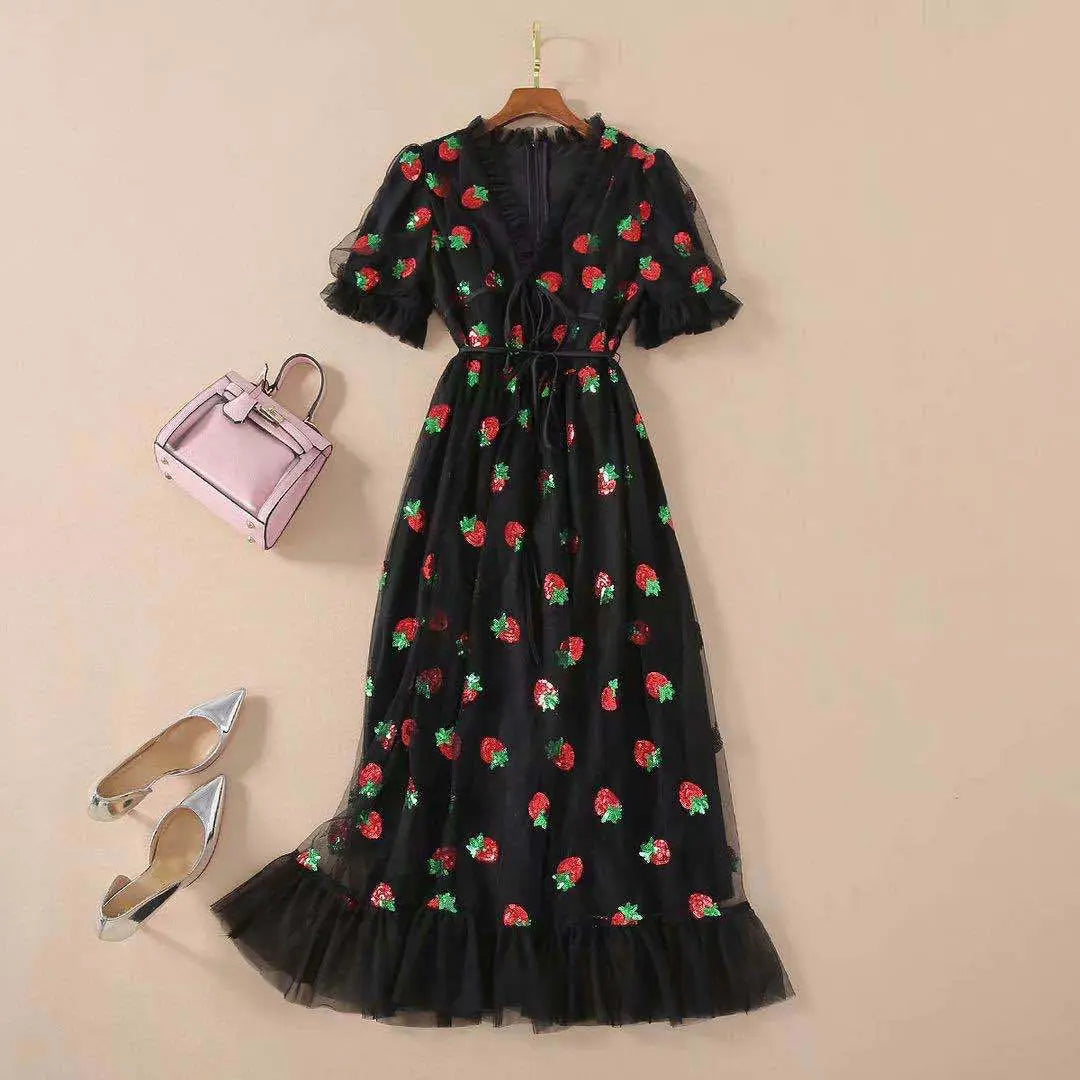 Cralom Strawberry Ruffles Tulle Dress Pink Puff Sleeve Cocktail Party Dress