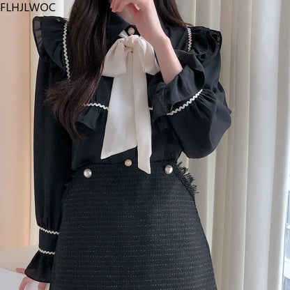 Cralom Retro Ruffles Bow Tie Shirt White