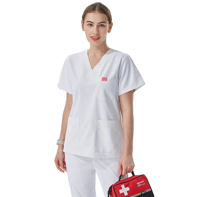 Cralom Silky White Nurse Scrub Set for Dental Medic Professionals