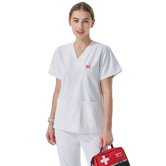 Cralom Silky White Nurse Scrub Set for Dental Medic Professionals