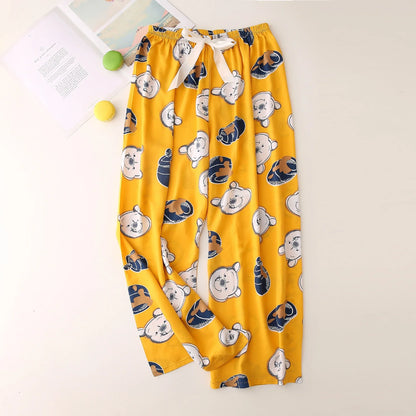 Cralom Floral Cotton Silk Pajama Pants Women's Loose Wide-leg Trousers