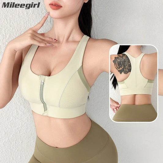Cralom Front Zip Yoga Bra with Built-in Pads, Racer Back High-impact Support Crop Top