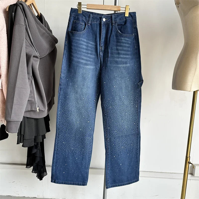 Cralom Rhinestone Wide Leg Vintage Jeans Women Y2K Korean Fashion Straight High Waist