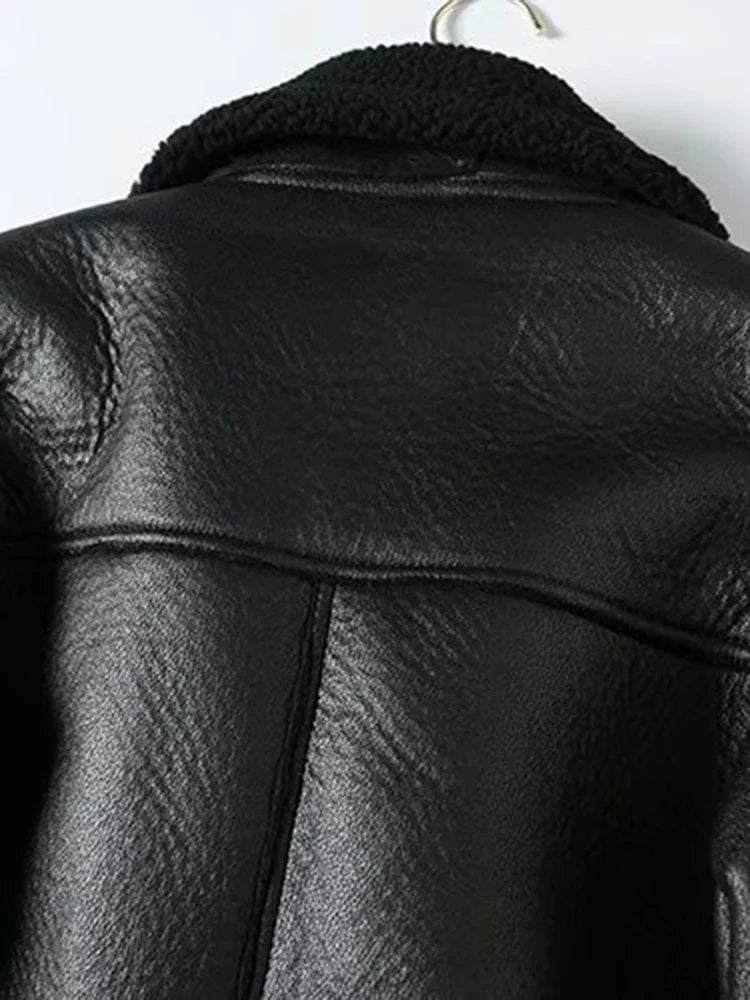 Cralom Women's Sheepskin Aviator Jacket Faux Leather Fur Winter Coat