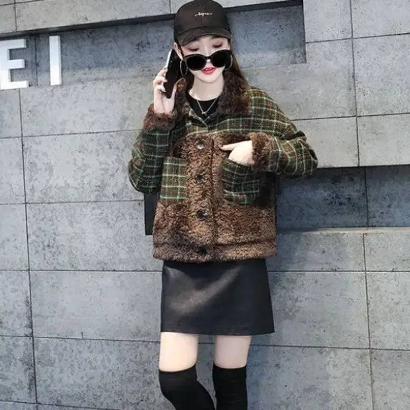 Cralom Fluffy Plaid Fleece Jacket for Women Warm Winter Coat