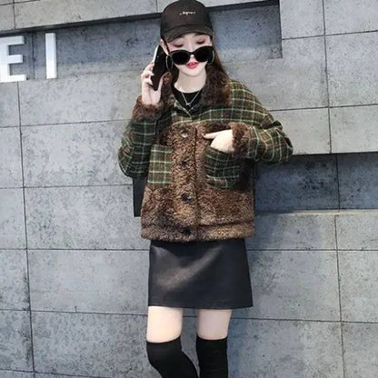 Cralom Fluffy Plaid Fleece Jacket for Women Warm Winter Coat