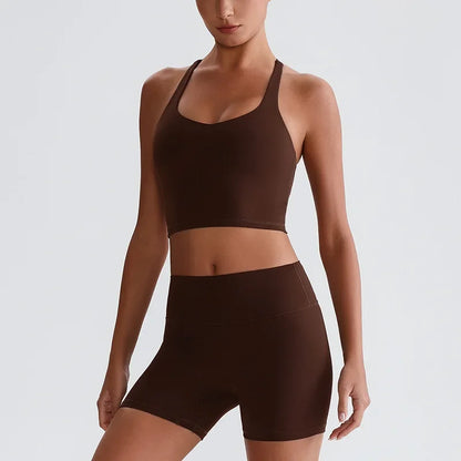 Cralom Naked Feel Yoga Set: Backless Top & Peach Booty Shorts