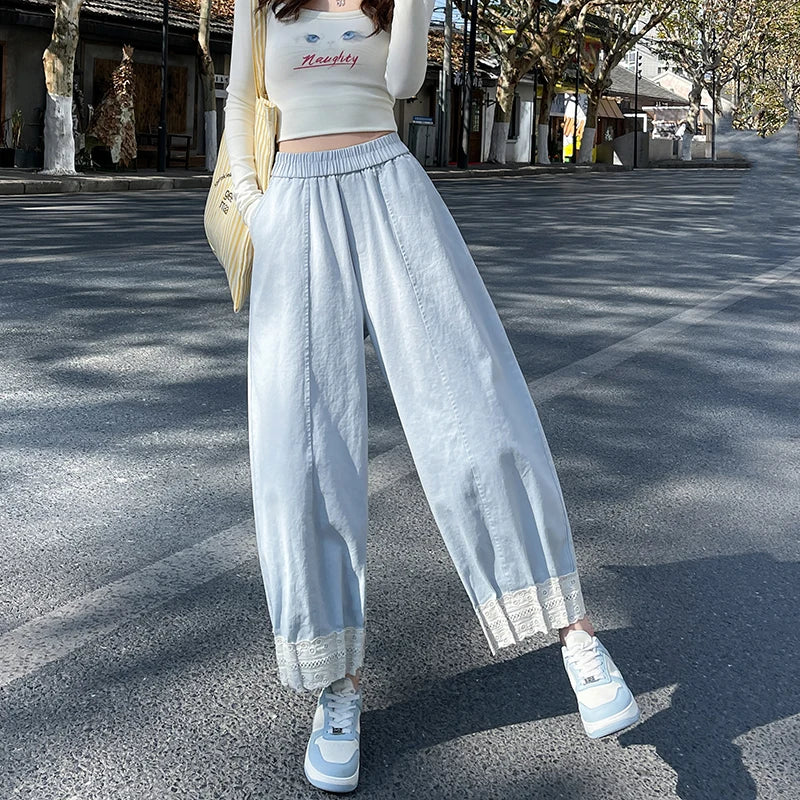 Cralom Lace Pocket High Waist Harem Pants Casual Korean Capris Vintage Style