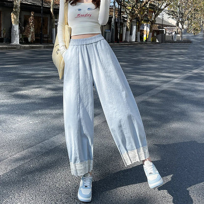Cralom Lace Pocket High Waist Harem Pants Casual Korean Capris Vintage Style