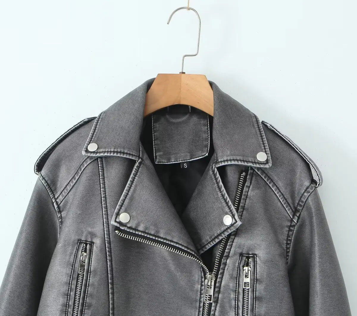 Cralom PU Leather Jacket with Zipper, Casual Lapel Motorcycle Coat for Women