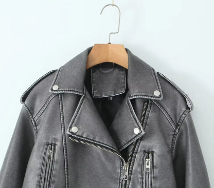Cralom PU Leather Jacket with Zipper, Casual Lapel Motorcycle Coat for Women