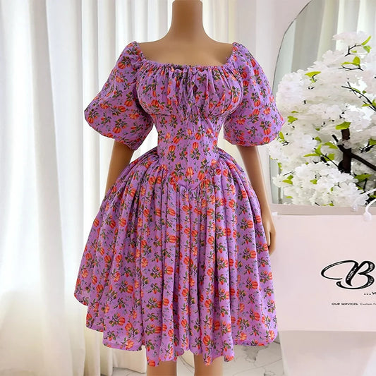 Cralom Printed Lace Up Lantern Sleeves A-line Dress - 2025 Spring Collection