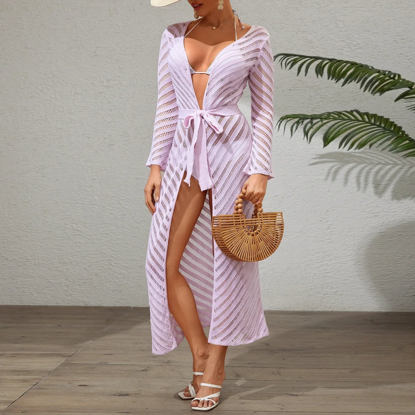Cralom Mesh Hollow Chest Wrap Long Sleeve Top Dress - Summer 2025