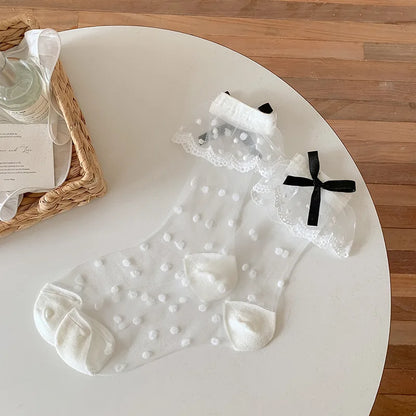 Cralom Lace Mid Tube Socks for Kids in Sweet Polka Dots
