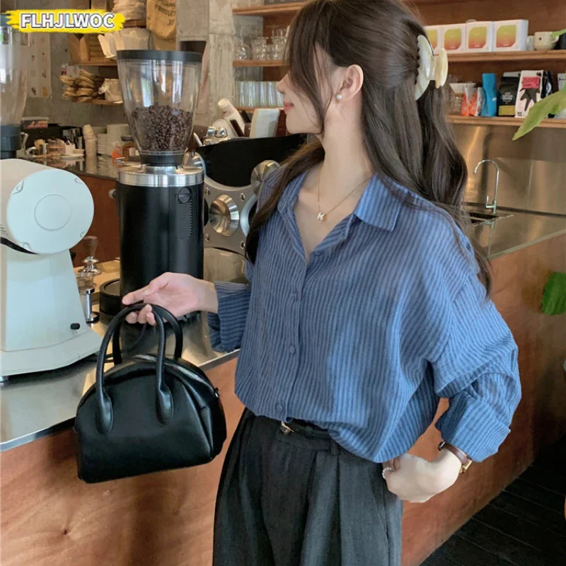 Cralom Striped Boyfriend Shirt: Lazy Korea Style Retro Loose Button Long Sleeve Blouse