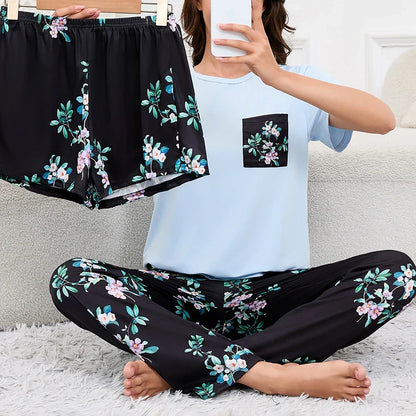 Cralom Women's Heart Print Pajama Set with Short-Sleeve Top, Shorts & Long Pants