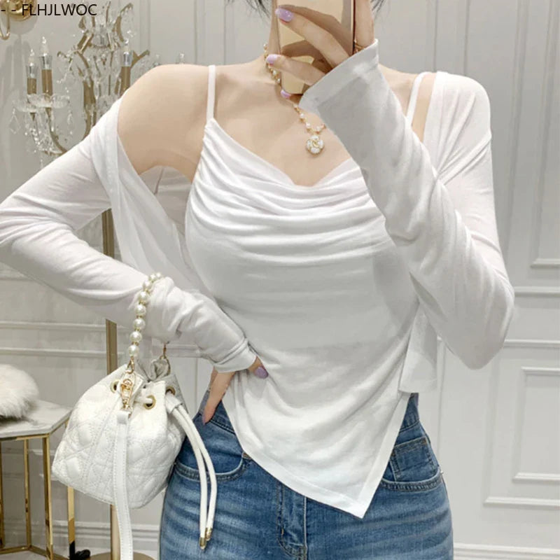 Cralom Y2K Bodycon Two-Piece Set Tops, Sexy Slim Fit Blouses, New Style Korean Tees