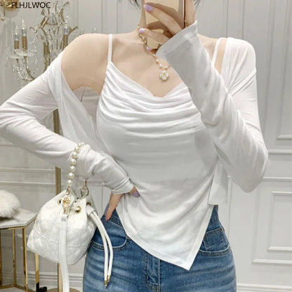 Cralom Y2K Bodycon Two-Piece Set Tops, Sexy Slim Fit Blouses, New Style Korean Tees