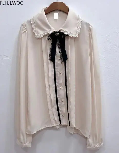 Cralom Spring Women's Preppy Button Shirts Pink White Vintage Design