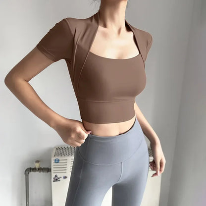 Cralom Women's Short Sleeves Yoga Crop Top - Quick Dry & Shockproof Gym Vest