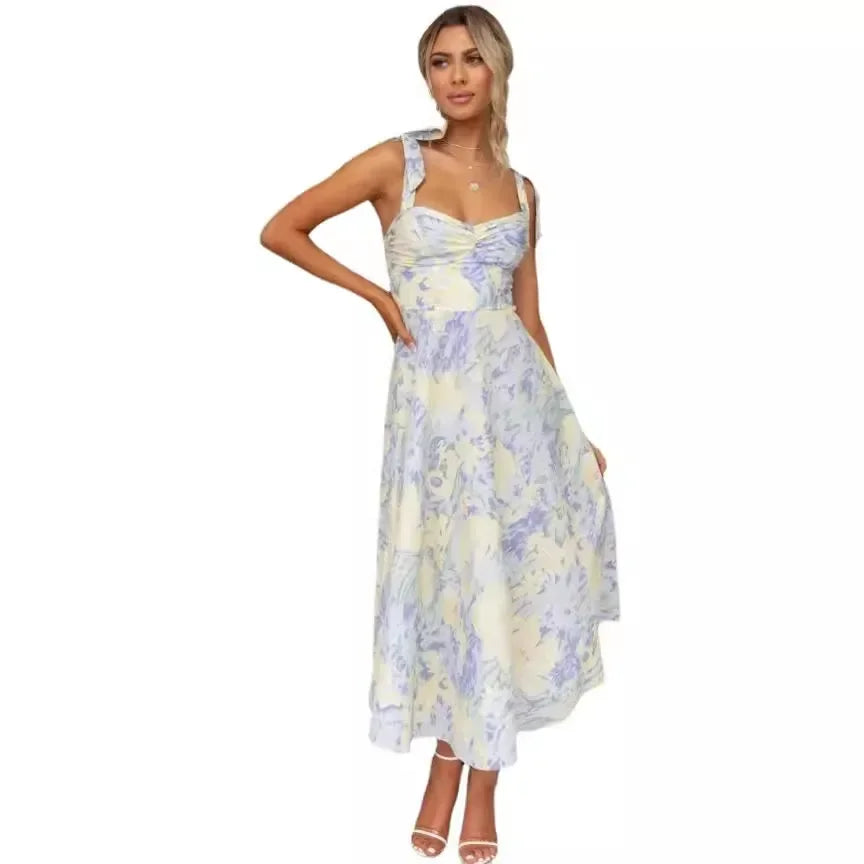Floral Suspender Slimming Dress V-neck Waist Cinching Cralom Brand