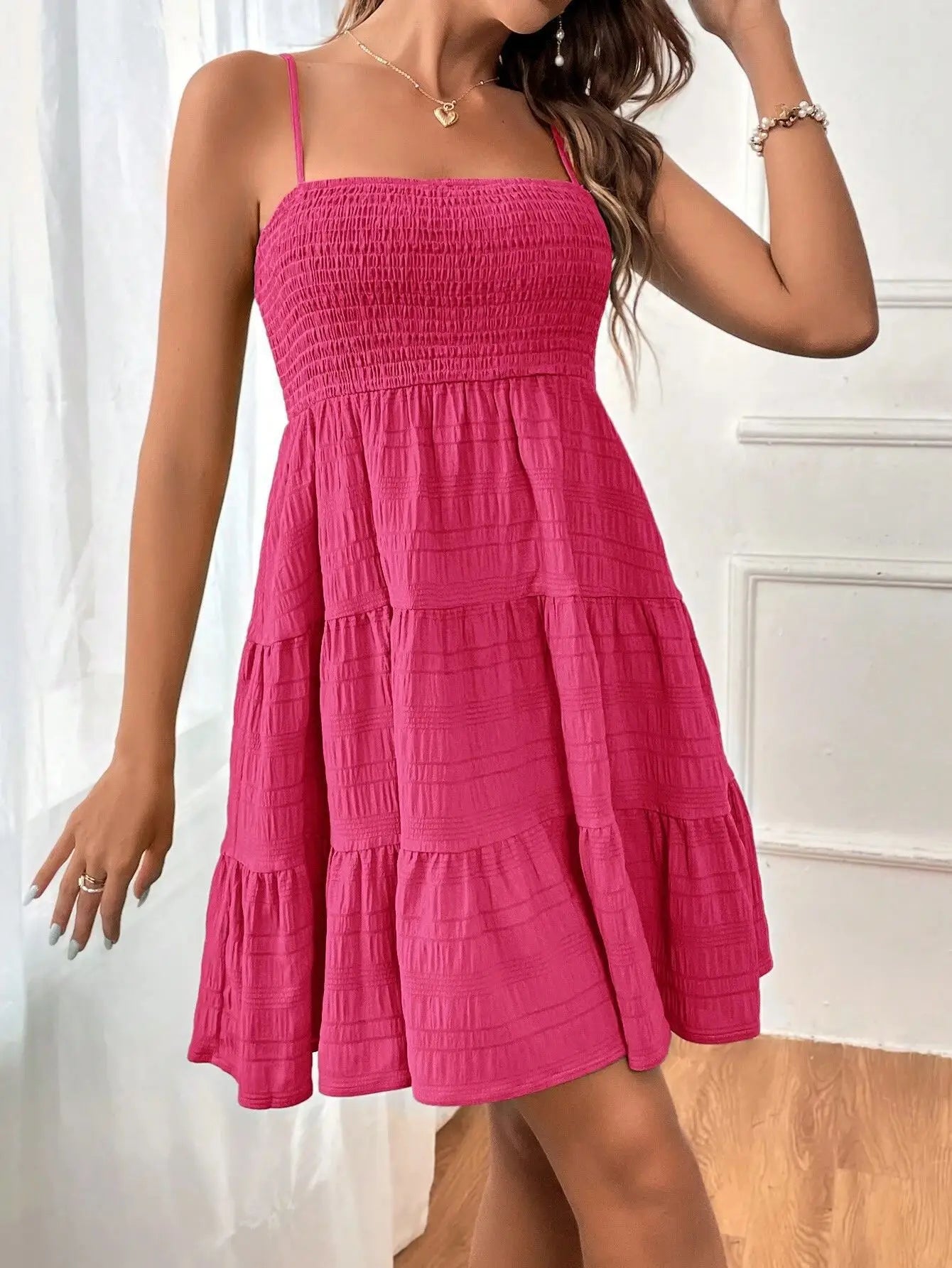 Cralom Solid Color Texture Strap Skirt One Piece Swimsuit