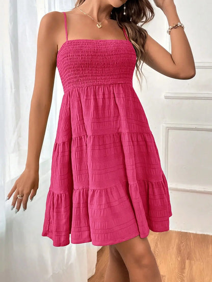 Cralom Solid Color Texture Strap Skirt One Piece Swimsuit
