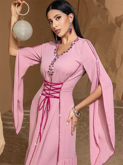 Ramadan Pink Dubai Satin Abaya Modest Muslim Prayer Dress for Women by Cralom
