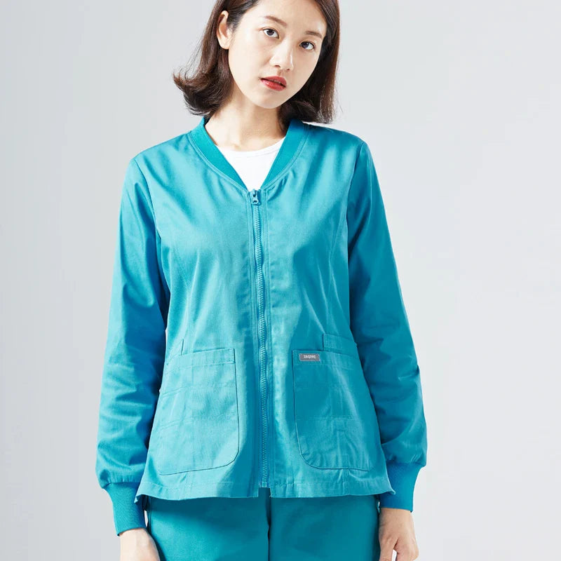 Cralom Knitted Zip Up Scrub Jacket: Long Sleeve Workwear Scrubs
