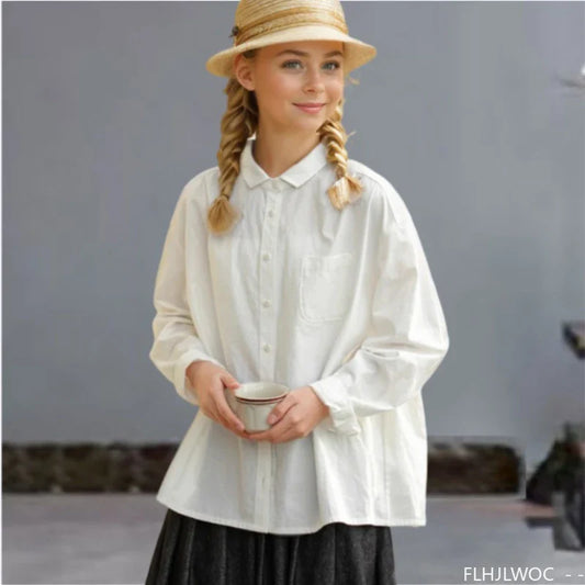 Cralom Long Sleeve Cotton Blouses in White/Pink