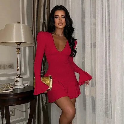 Cralom Deep V-neck Tight Sleeve Dress: Stylish Hip Hugging Mini Skirt