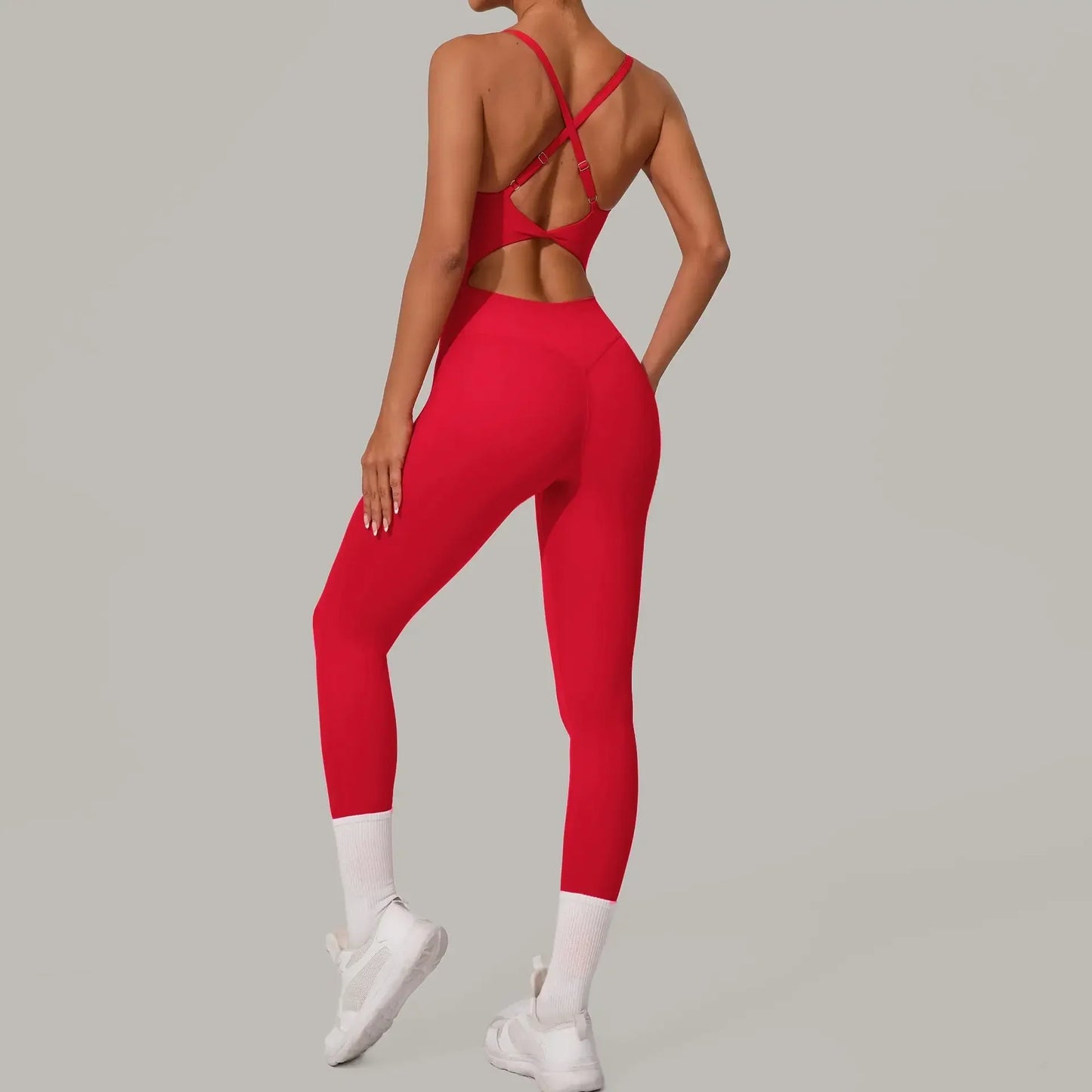 Cralom Seamless Yoga Jumpsuit with Cross Waist Buckle