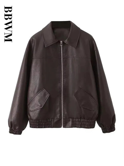 Cralom Retro Loose Faux Leather Jacket - Women's Moto Zip Coat