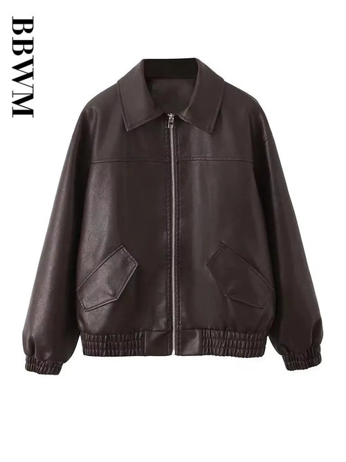 Cralom Retro Loose Faux Leather Jacket - Women's Moto Zip Coat