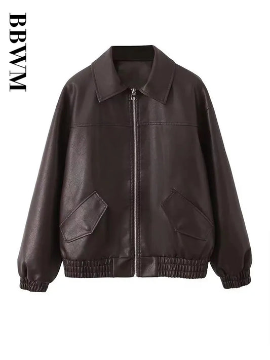 Cralom Retro Loose Faux Leather Jacket - Women's Moto Zip Coat